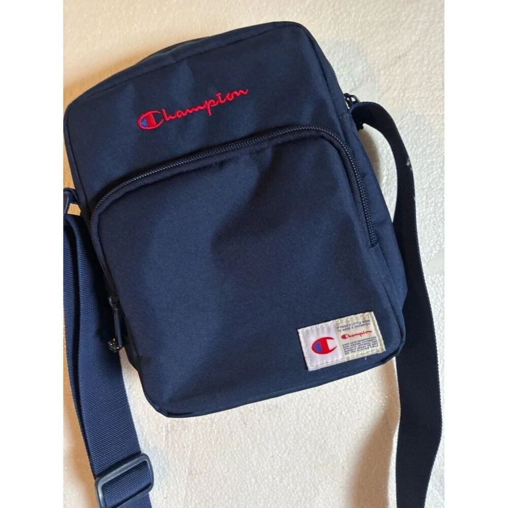 Champion Navy Crossbody Messenger with Red Logo Stitching